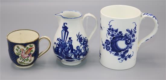 18th C Worcester spray-decorated mug, a Mother & Child pattern sparrowbeak jug & a scale-pattern cup (faults)